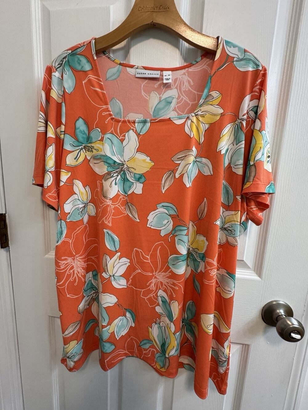 Susan Graver XL Square Neck Top Orange Multi Short Sleeve